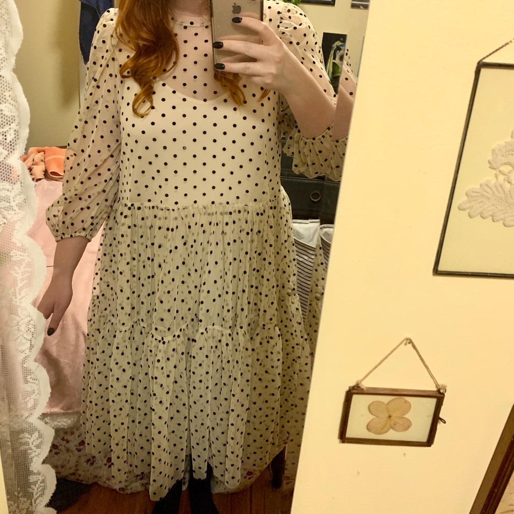 Flock print polka dot mesh midi dress